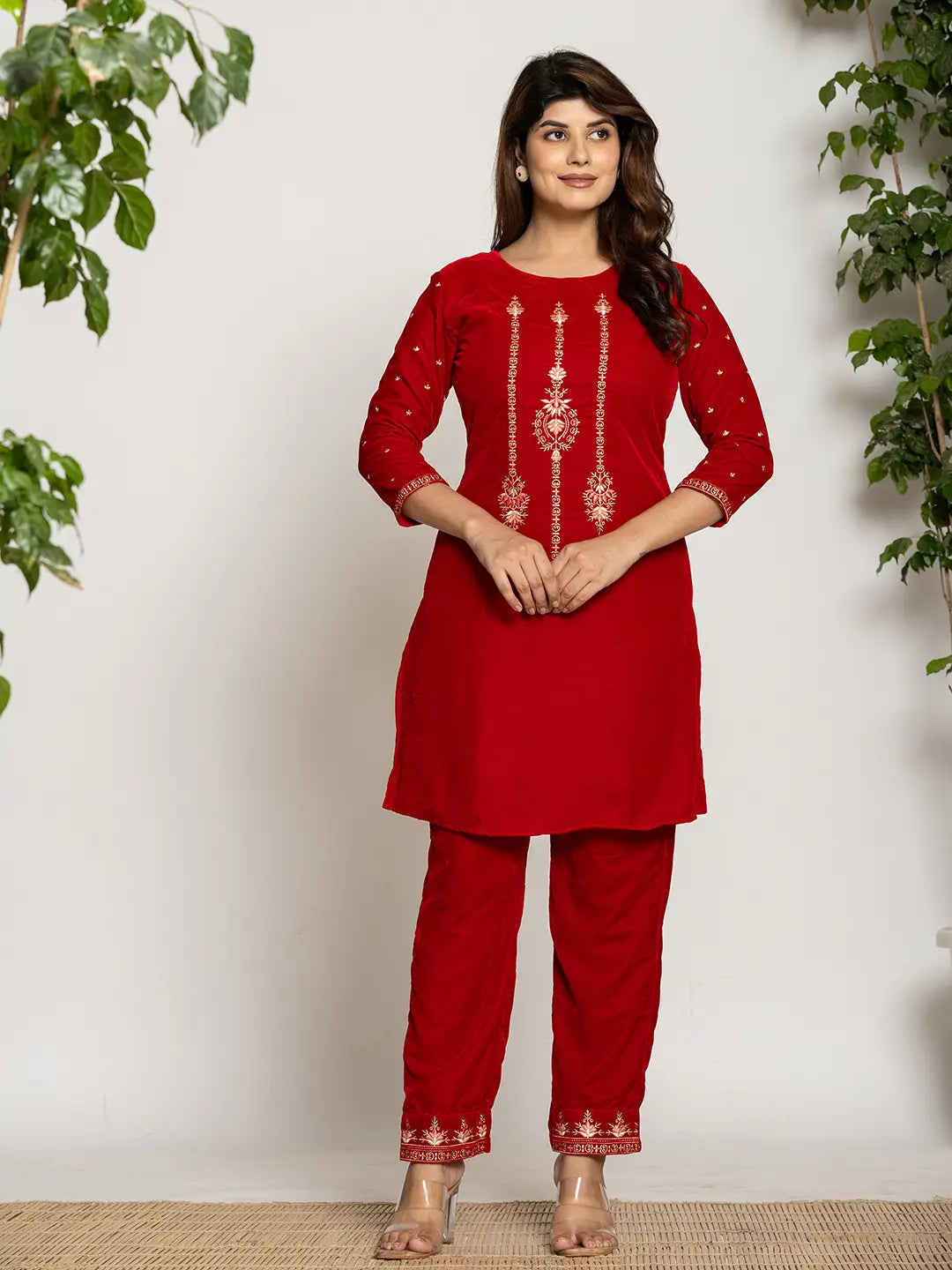 Yufta Red Velvet Embroidered Co-Ord Set With Cotton Lining | Grocsy