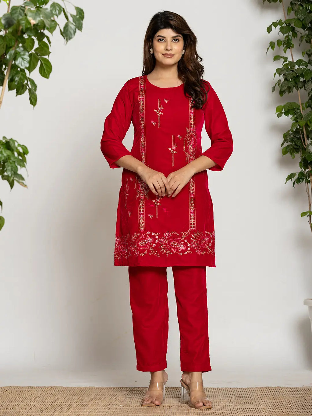 Yufta Pink Velvet Embroidered Tunic Co-Ord Set With Cotton Lining | Grocsy