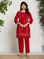 Yufta Pink Velvet Embroidered Tunic Co-Ord Set With Cotton Lining | Grocsy