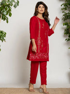 Yufta Pink Velvet Embroidered Tunic Co-Ord Set With Cotton Lining | Grocsy