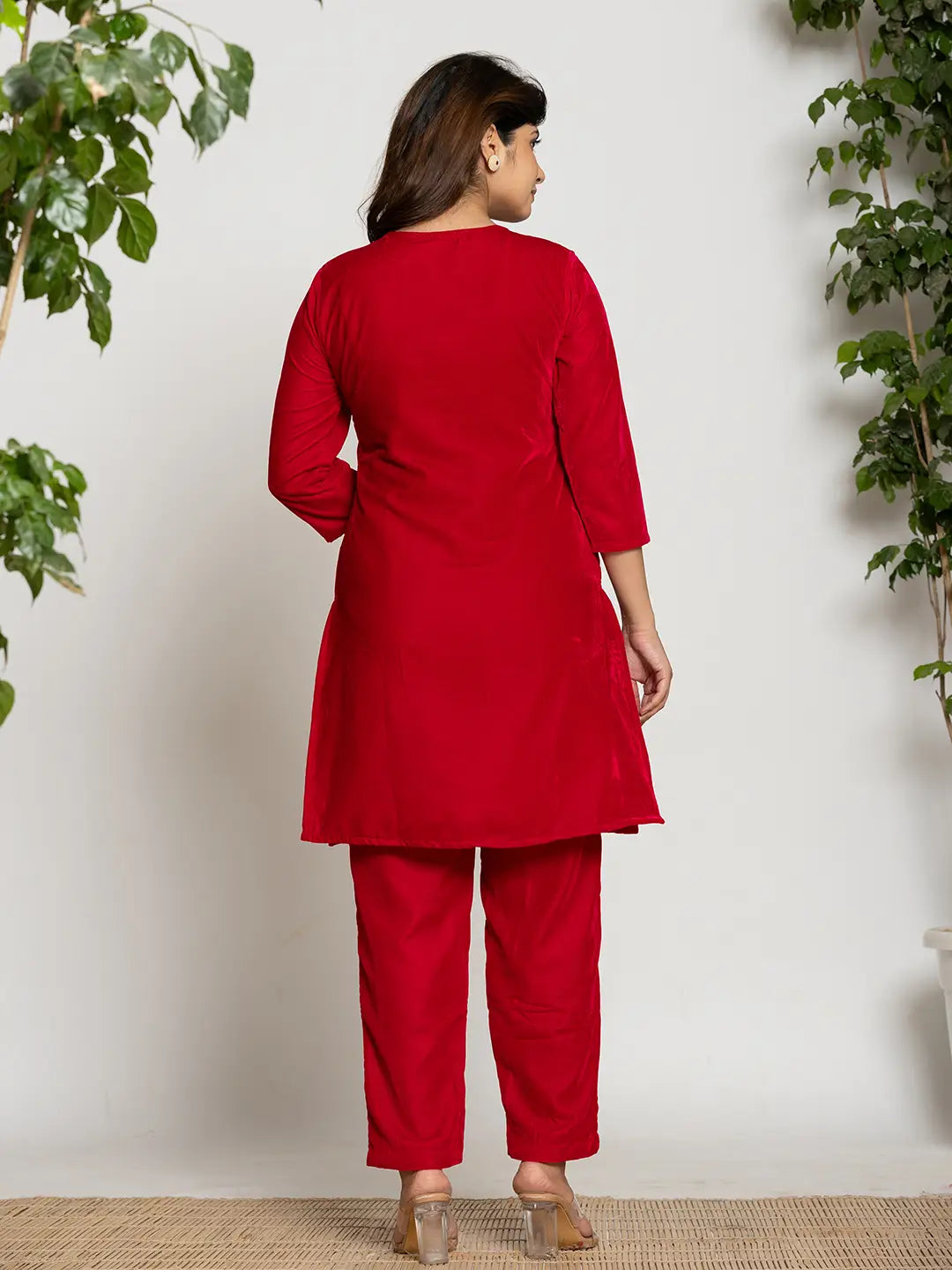 Yufta Pink Velvet Embroidered Tunic Co-Ord Set With Cotton Lining | Grocsy