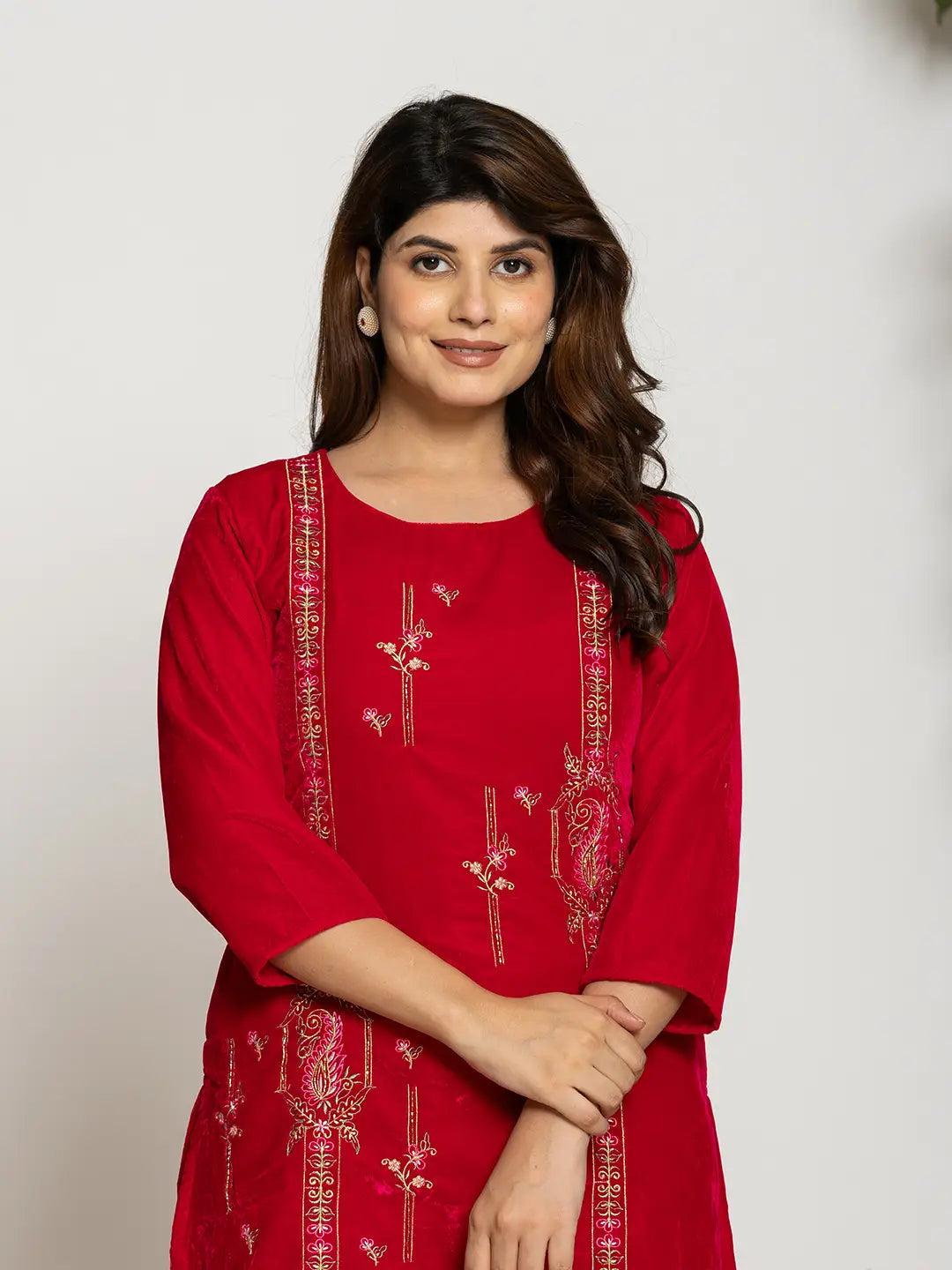 Yufta Pink Velvet Embroidered Tunic Co-Ord Set With Cotton Lining | Grocsy
