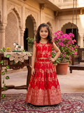 Evanik Red Banarasi Silk Kids Lehenga Choli Set with Zari Jacquard Work for Girls | Grocsy