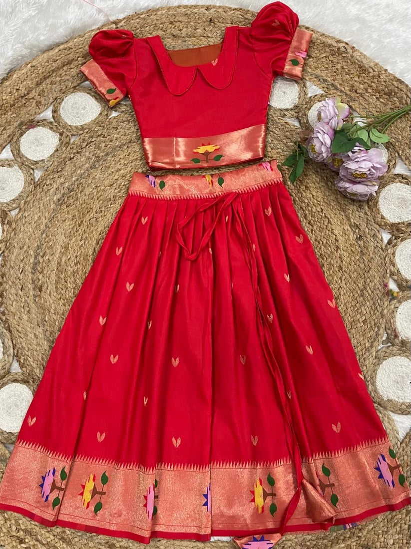 Evanik Red Soft Silk Paithani Design Zari Weaving Pavadai Lehenga Choli For Kids | Grocsy