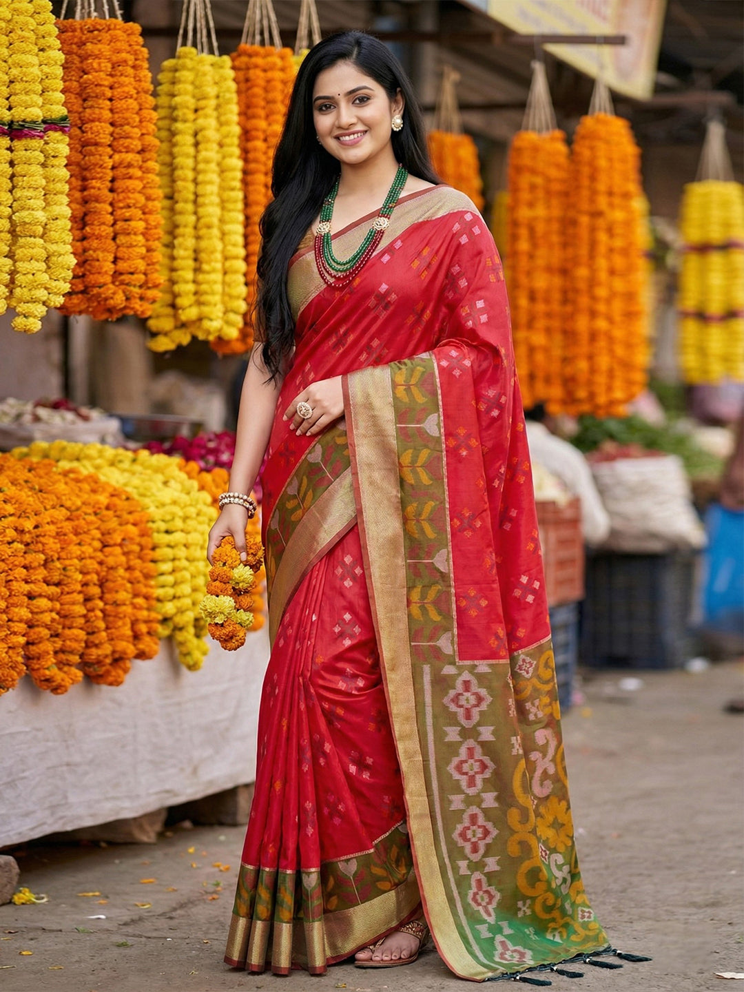 Anaita Red Pochampally Silk Woven Saree With Blouse | Grocsy