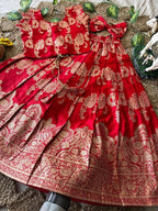 Evanik Red Banarasi Silk Kids Lehenga Choli Set with Zari Jacquard Work for Girls | Grocsy