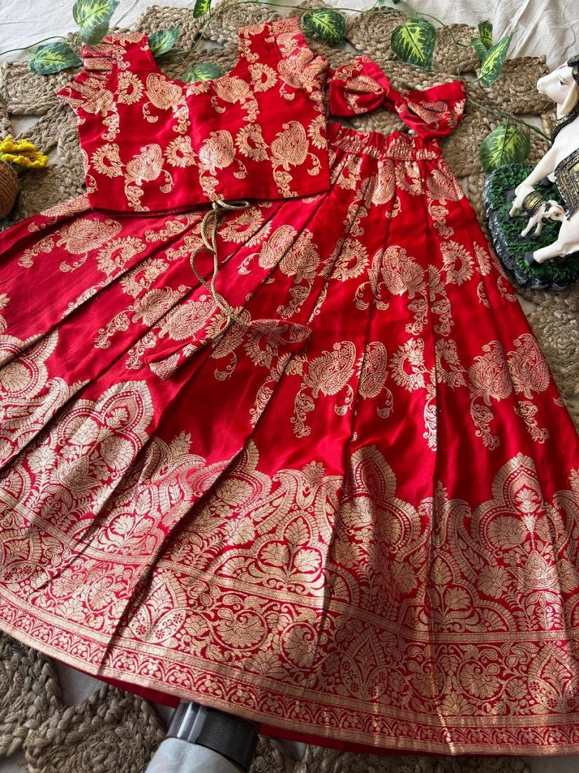 Evanik Red Banarasi Silk Kids Lehenga Choli Set with Zari Jacquard Work for Girls | Grocsy