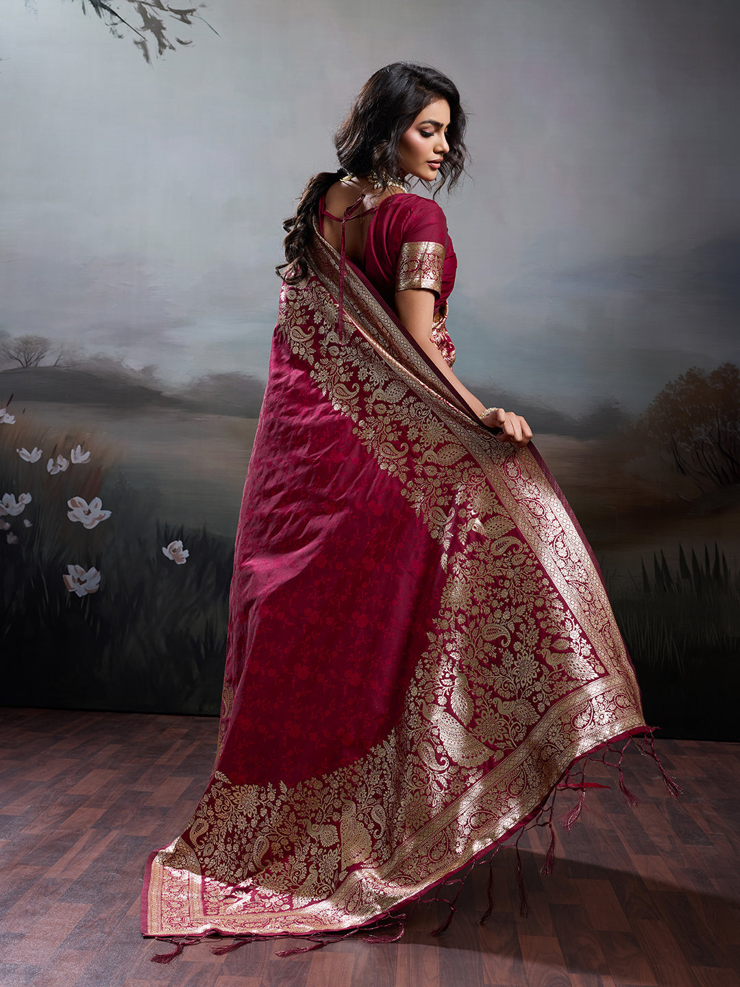 Anaita Red Silk Blend Woven Saree With Blouse | Grocsy