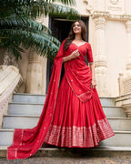 Evanik Women Pure Chanderi Plain With Zari Weaving Work Border Stitched Lehenga With Unstitched Blouse Dupatta(Up to 42) | Grocsy