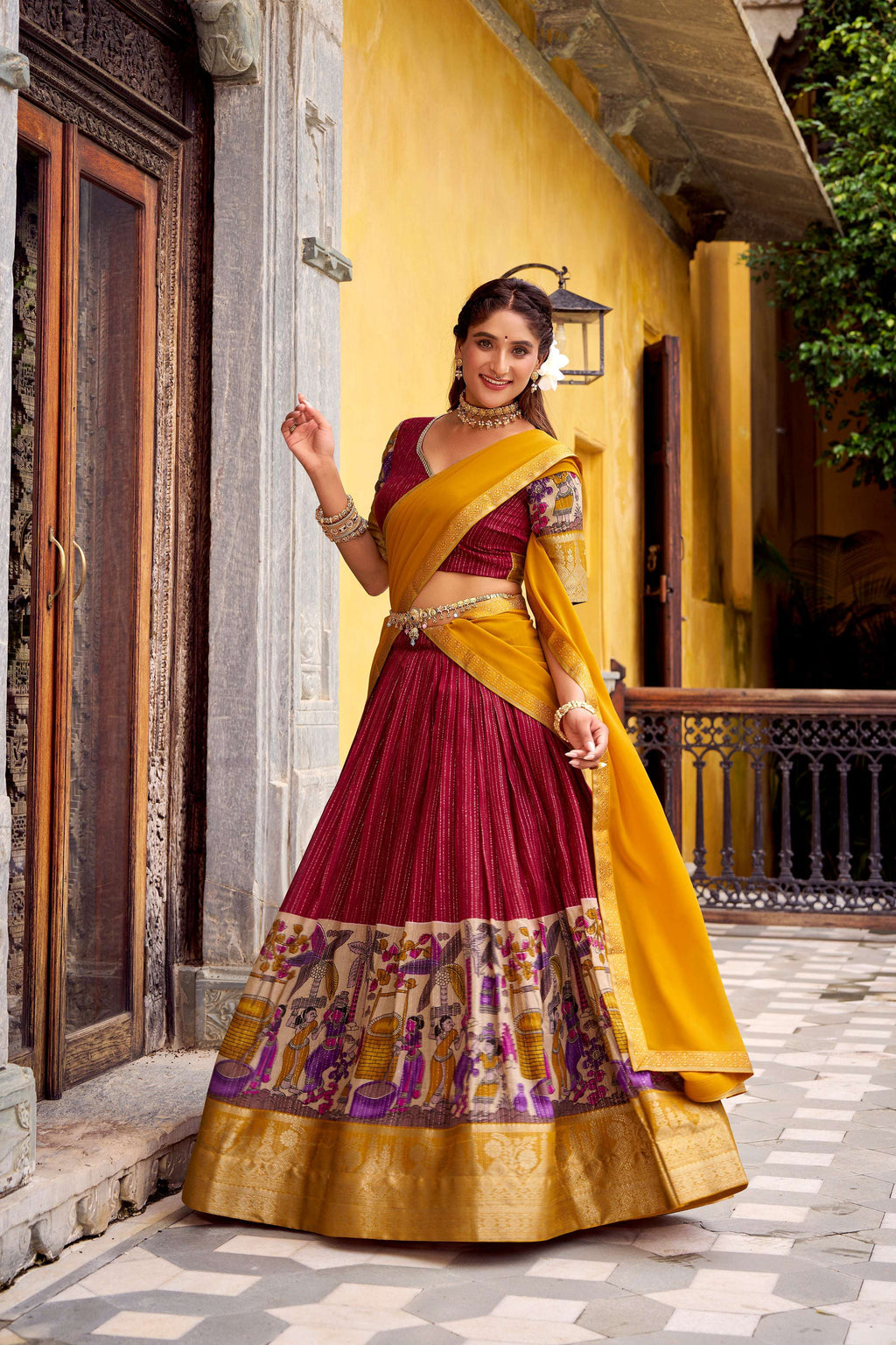 Evanik Red South Style Kalamkari Print Design Zari Work Unstitched Lehenga Choli | Grocsy