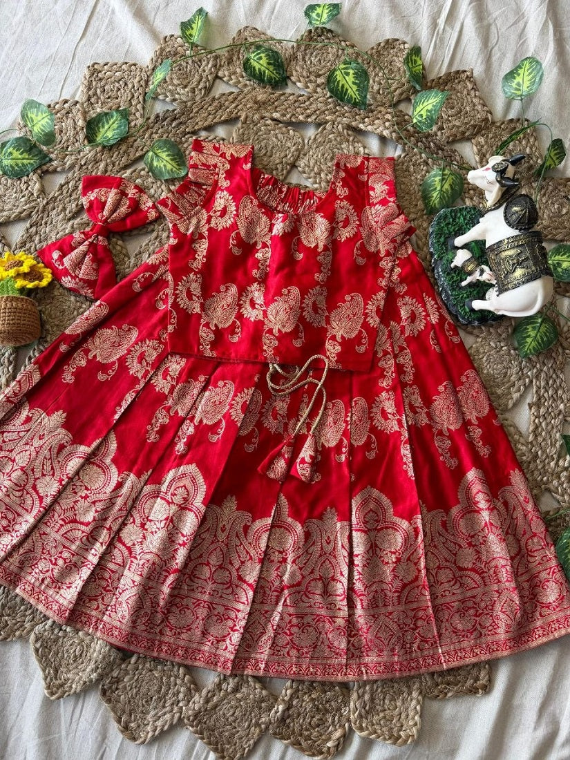 Evanik Red Banarasi Silk Kids Lehenga Choli Set with Zari Jacquard Work for Girls | Grocsy