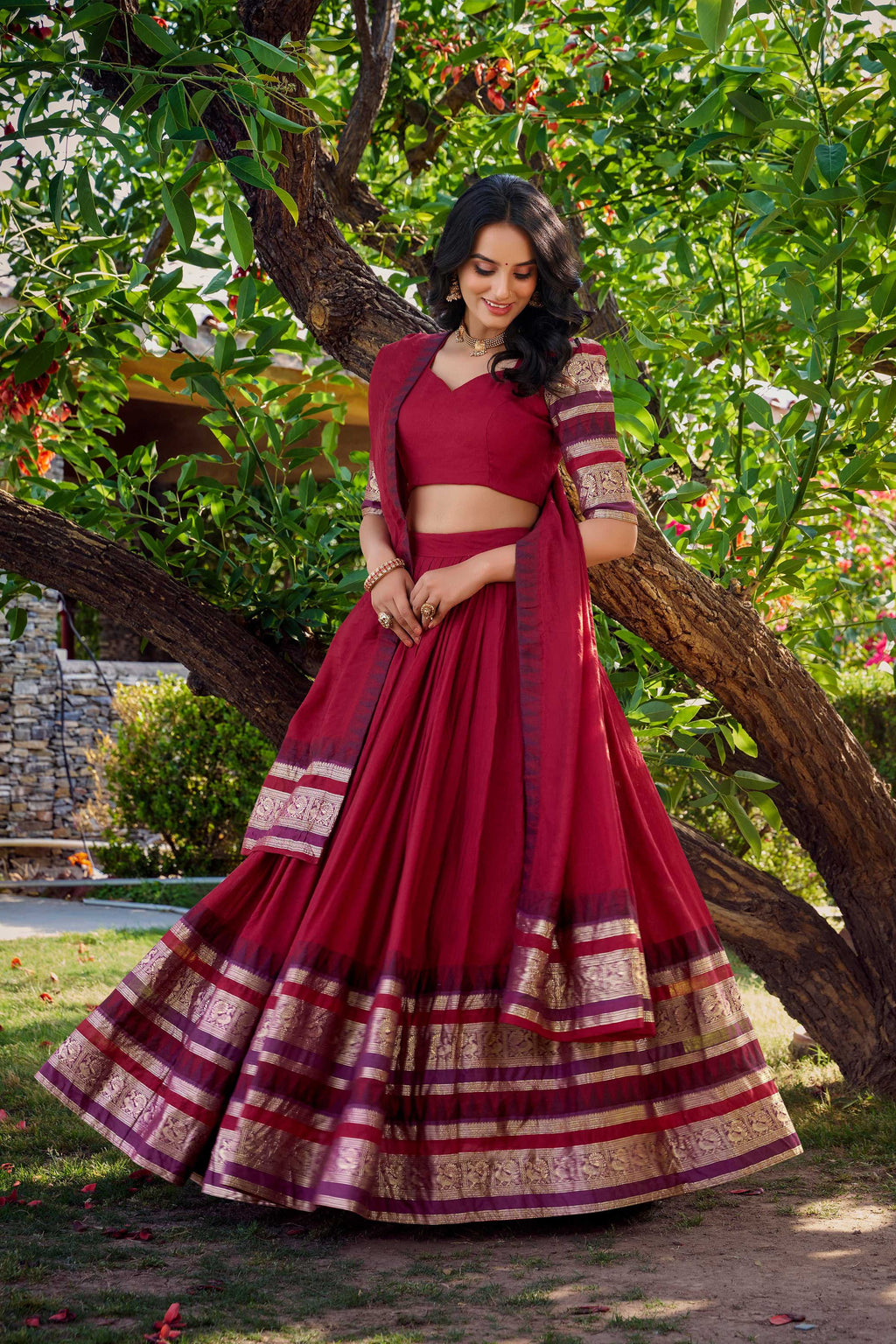 Evanik Women Pure Chanderi Plain With Zari Weaving Work Border Stitched Lehenga With Unstitched Blouse Dupatta(Up to 42) | Grocsy
