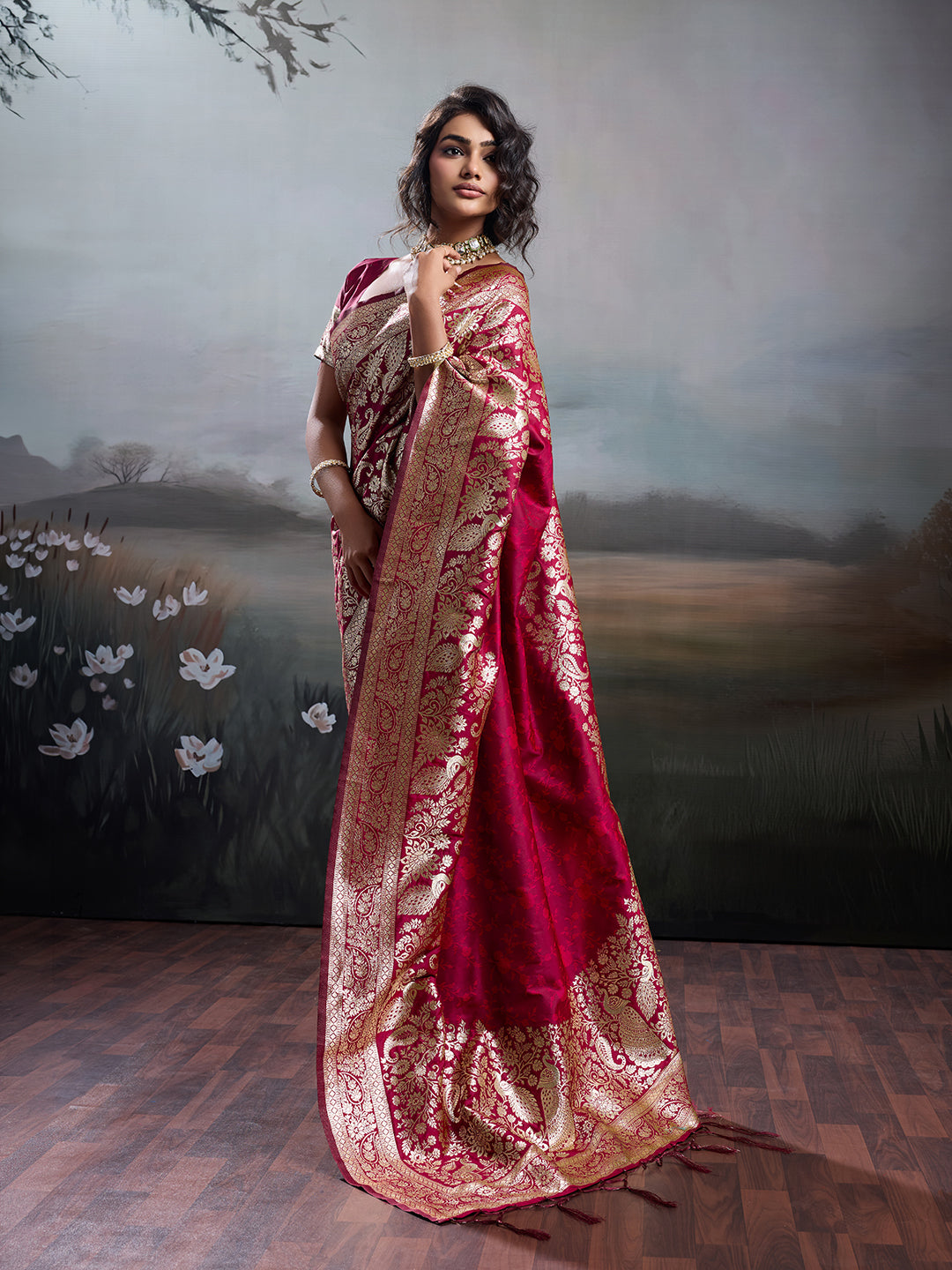 Anaita Red Silk Blend Woven Saree With Blouse | Grocsy