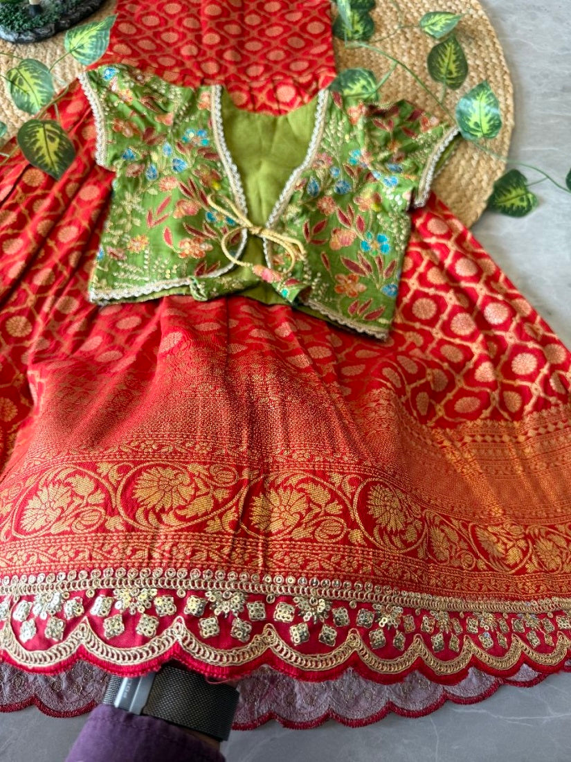 Evanik Festive Wear Red Dola Silk zari and thread weaving Gown With Position Print Koti | Grocsy