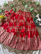 Evanik Red Banarasi Silk Kids Lehenga Choli Set with Zari Jacquard Work for Girls | Grocsy