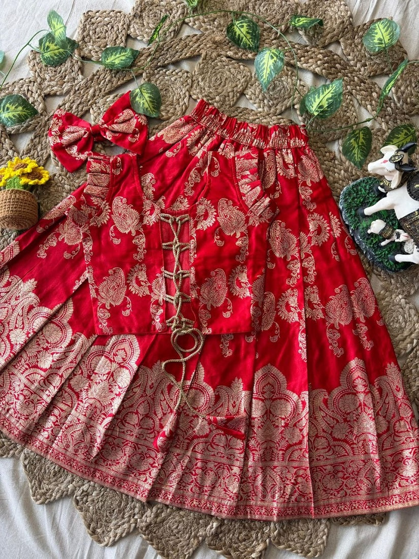 Evanik Red Banarasi Silk Kids Lehenga Choli Set with Zari Jacquard Work for Girls | Grocsy