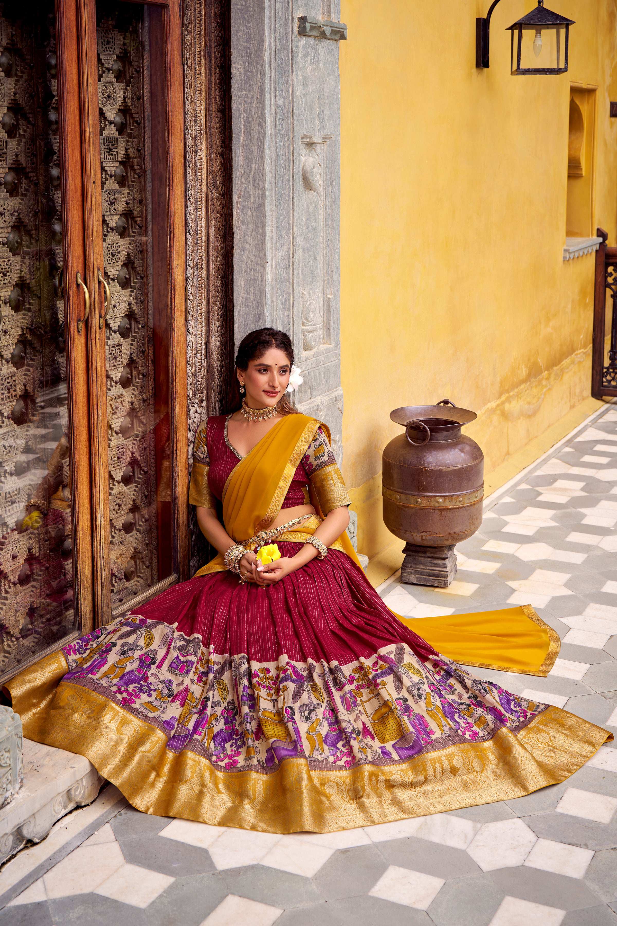 Evanik Red South Style Kalamkari Print Design Zari Work Unstitched Lehenga Choli | Grocsy