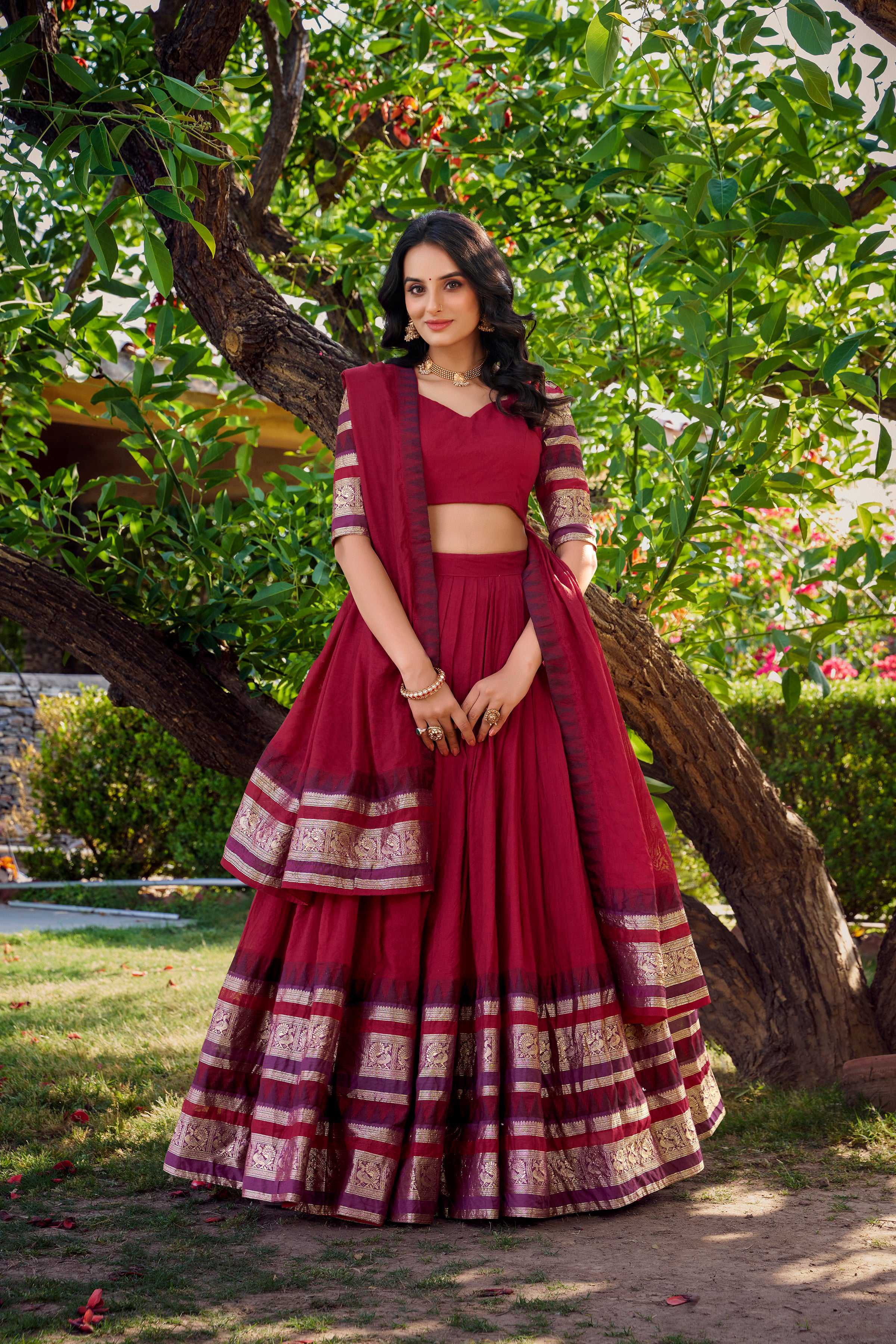 Evanik Women Pure Chanderi Plain With Zari Weaving Work Border Stitched Lehenga With Unstitched Blouse Dupatta(Up to 42) | Grocsy