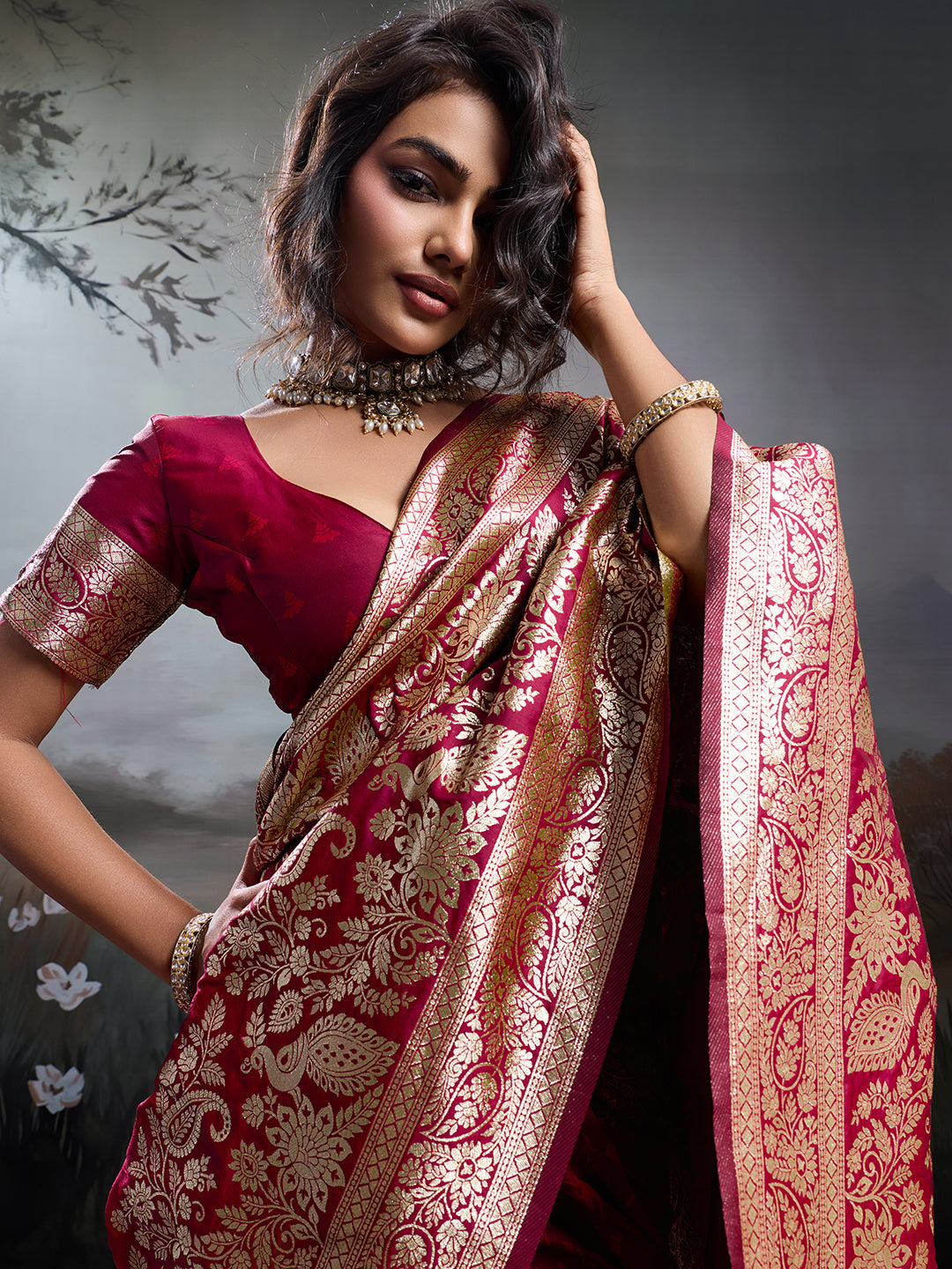 Anaita Red Silk Blend Woven Saree With Blouse | Grocsy