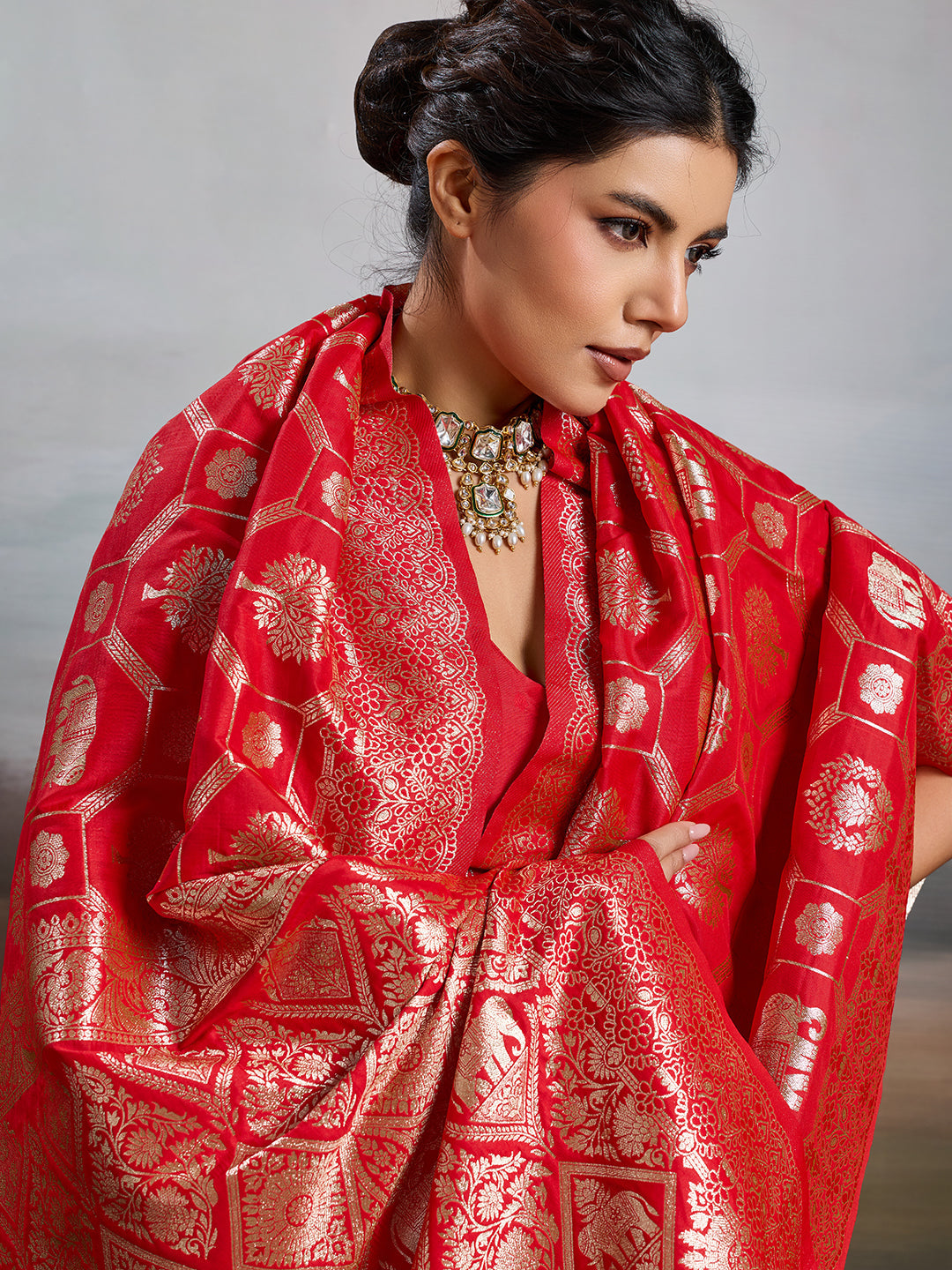 Anaita Red Silk Blend Woven Saree With Blouse | Grocsy