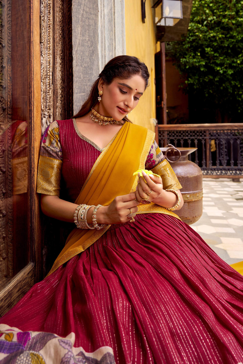 Evanik Red South Style Kalamkari Print Design Zari Work Unstitched Lehenga Choli | Grocsy