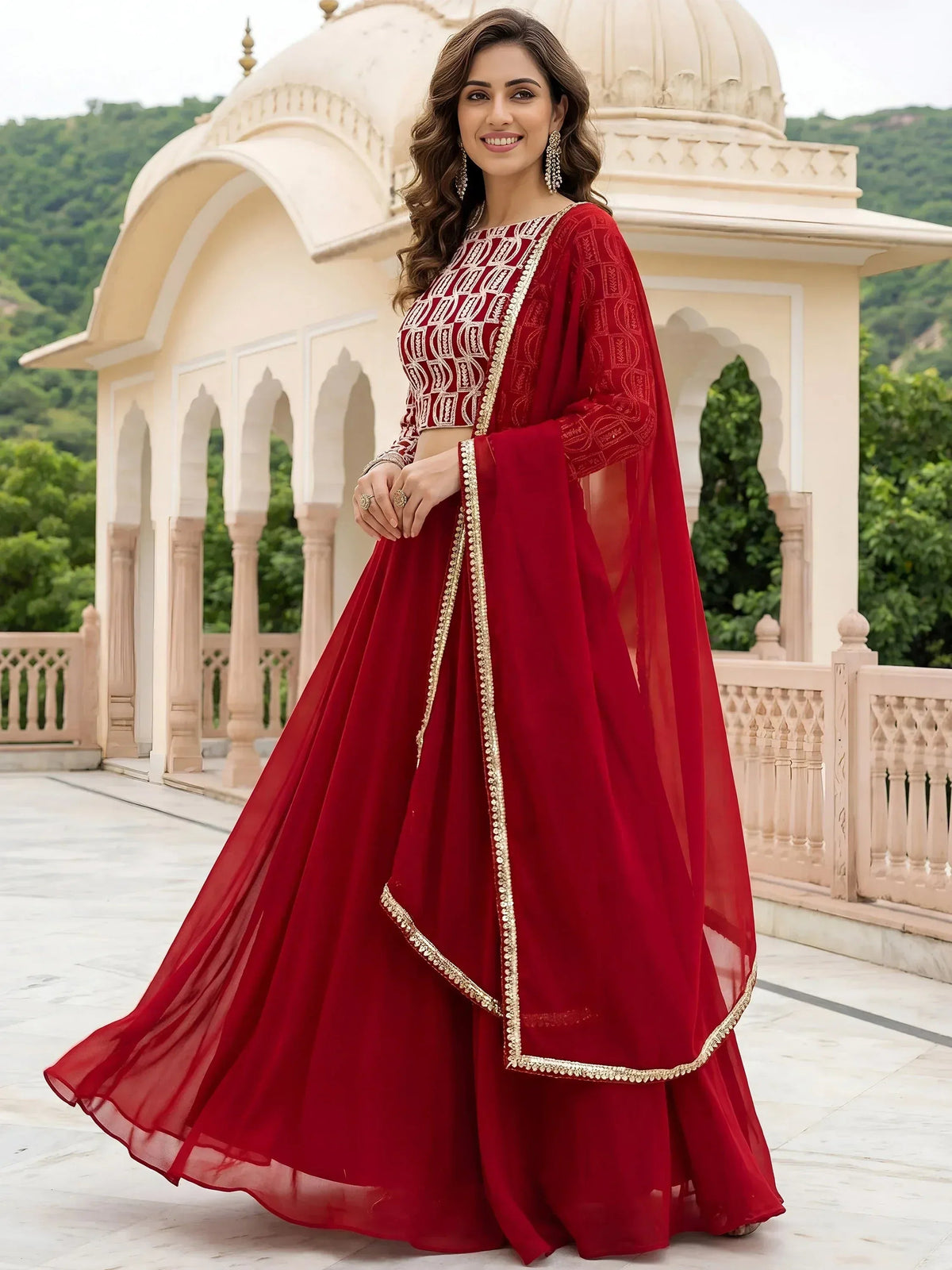 Tulsi Art Outstanding Red Embroidered Georgette Function Wear Lehenga Choli | Grocsy