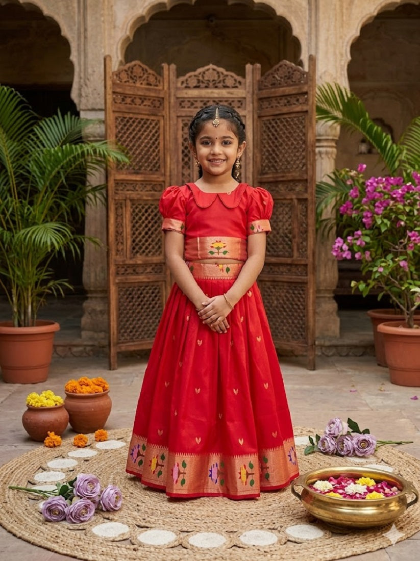 Evanik Red Soft Silk Paithani Design Zari Weaving Pavadai Lehenga Choli For Kids | Grocsy