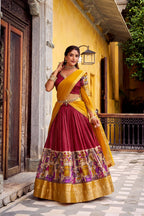 Evanik Red South Style Kalamkari Print Design Zari Work Unstitched Lehenga Choli | Grocsy