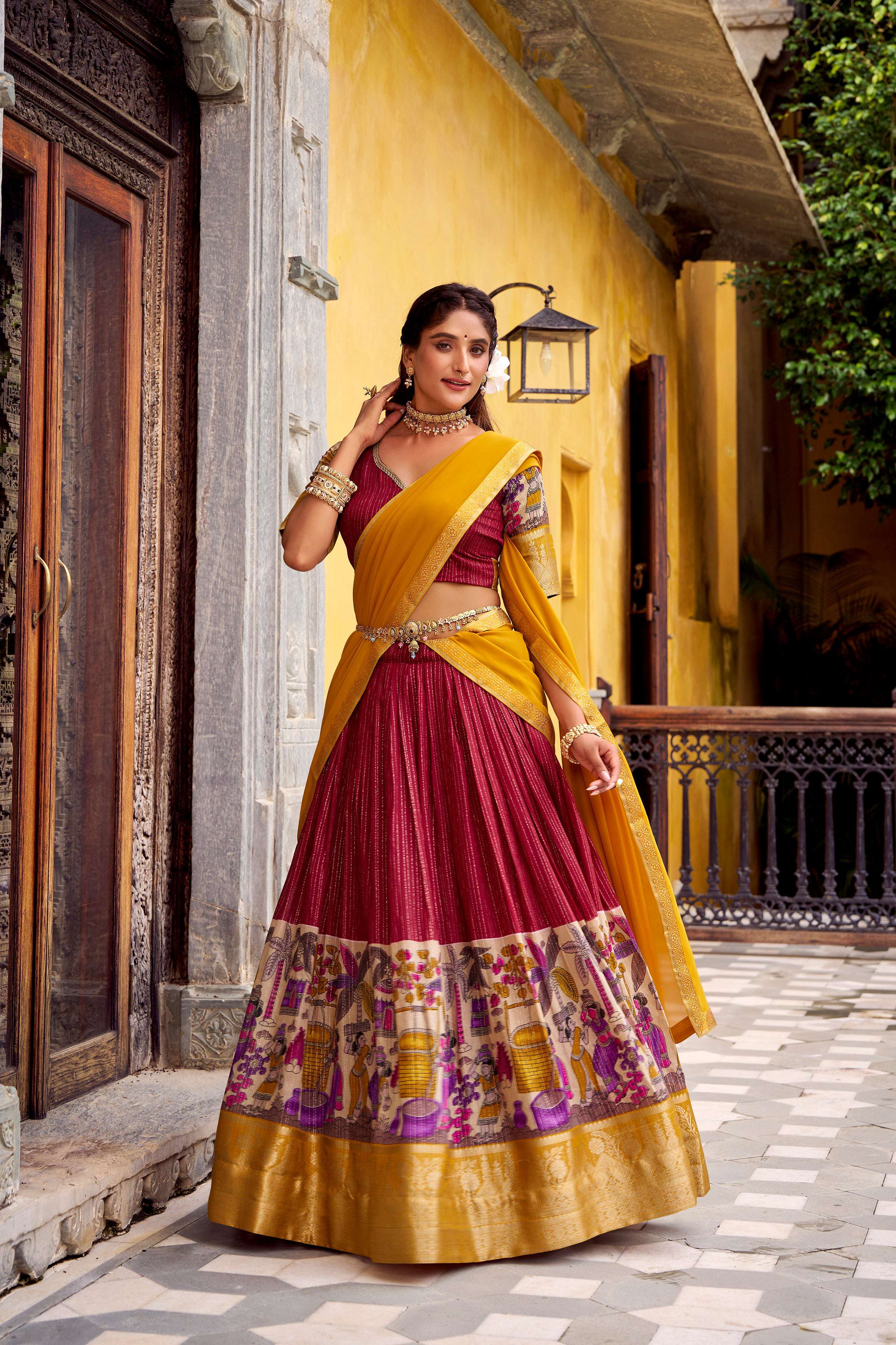 Evanik Red South Style Kalamkari Print Design Zari Work Unstitched Lehenga Choli | Grocsy