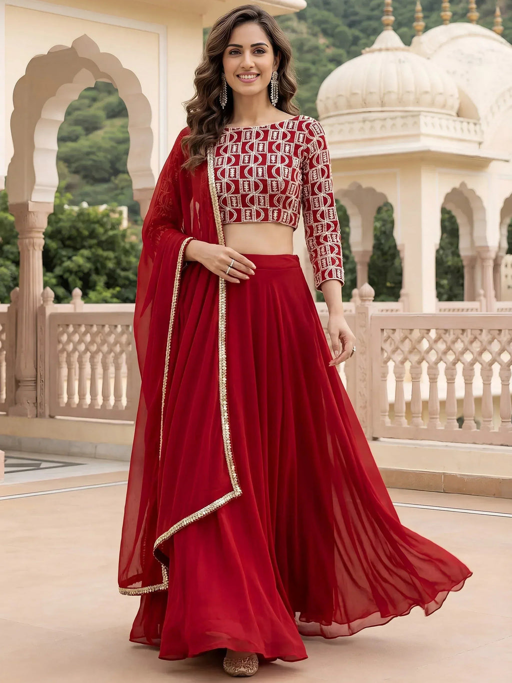 Tulsi Art Outstanding Red Embroidered Georgette Function Wear Lehenga Choli | Grocsy