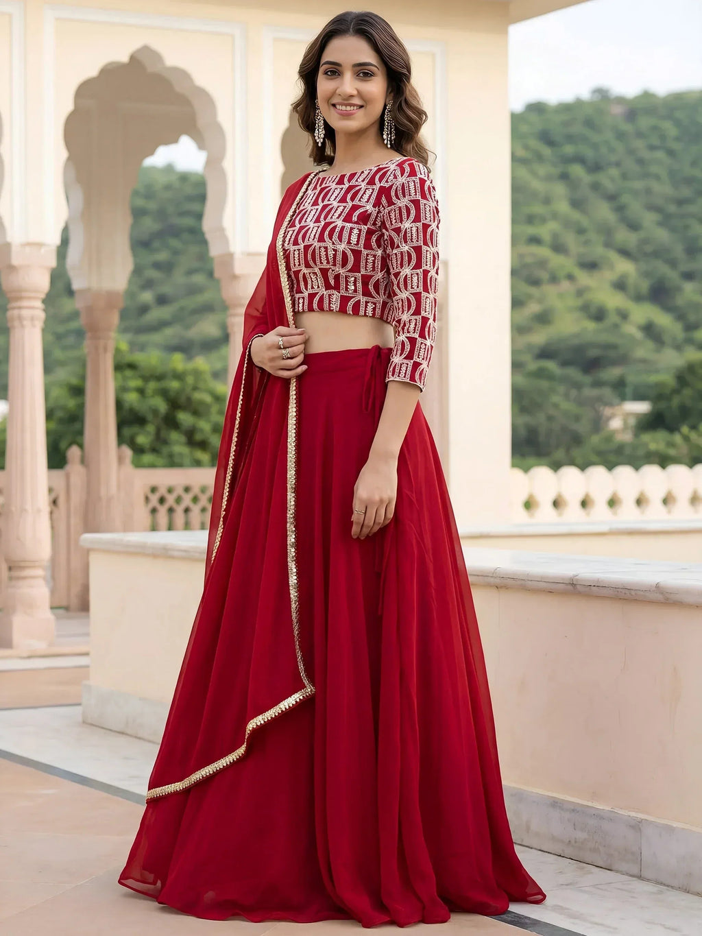 Tulsi Art Outstanding Red Embroidered Georgette Function Wear Lehenga Choli | Grocsy