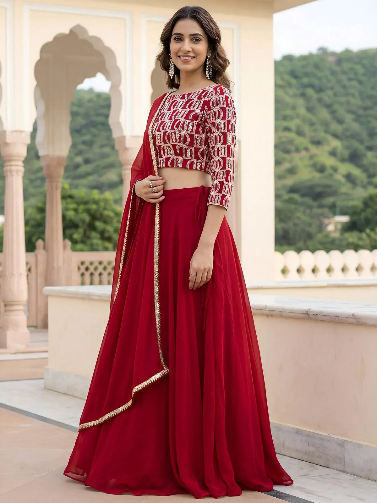 Tulsi Art Outstanding Red Embroidered Georgette Function Wear Lehenga Choli | Grocsy