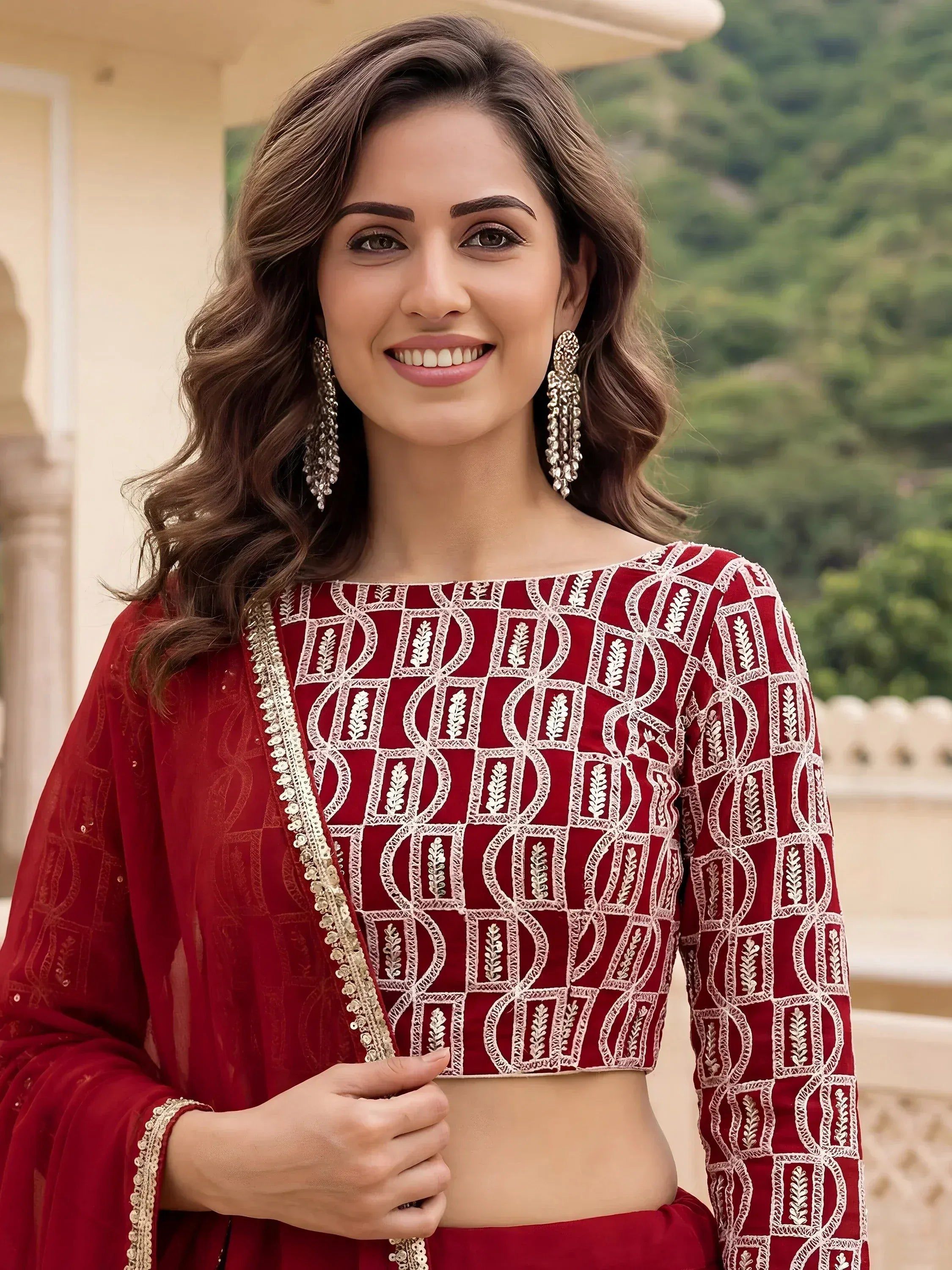 Tulsi Art Outstanding Red Embroidered Georgette Function Wear Lehenga Choli | Grocsy