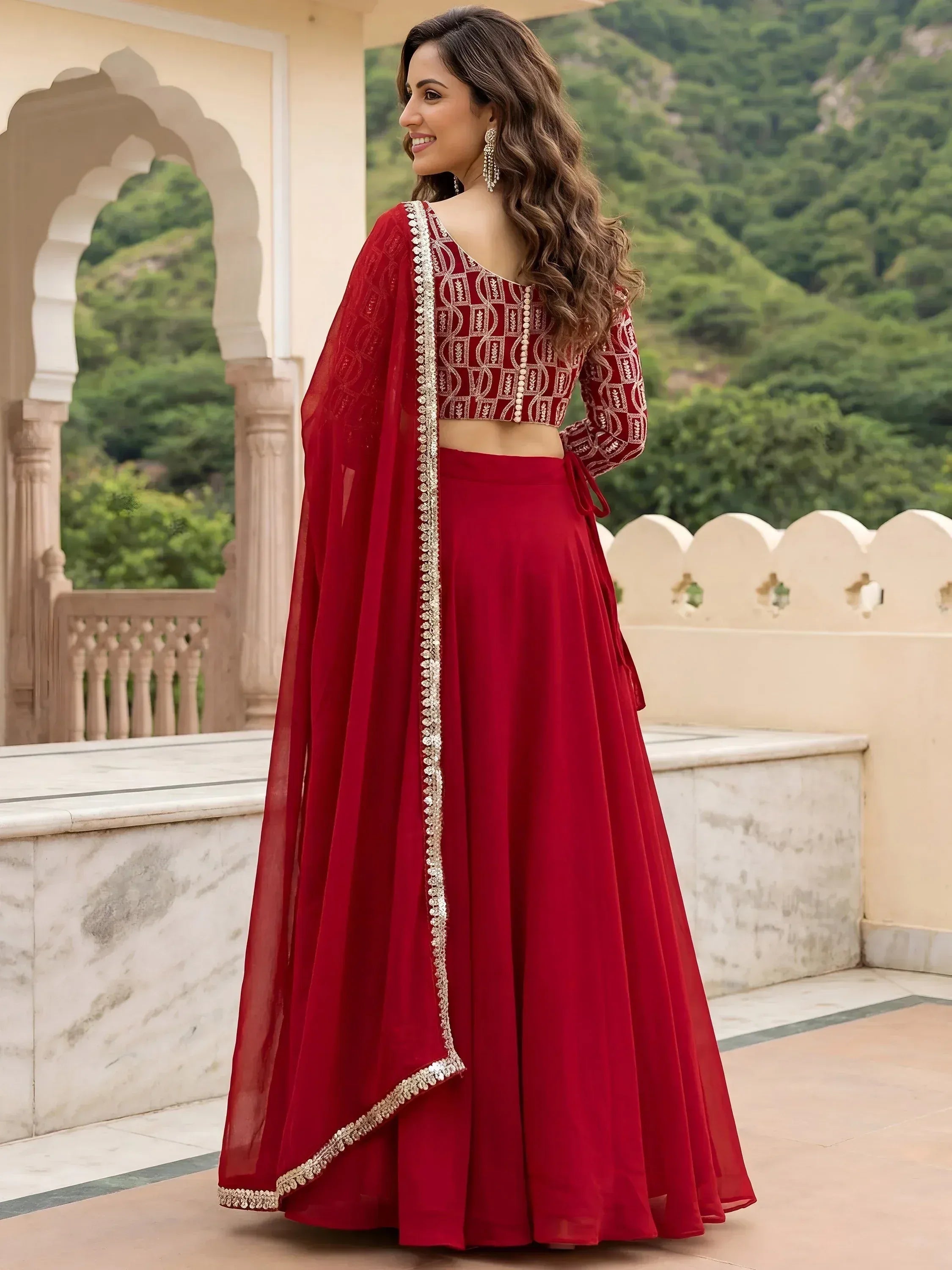 Tulsi Art Outstanding Red Embroidered Georgette Function Wear Lehenga Choli | Grocsy