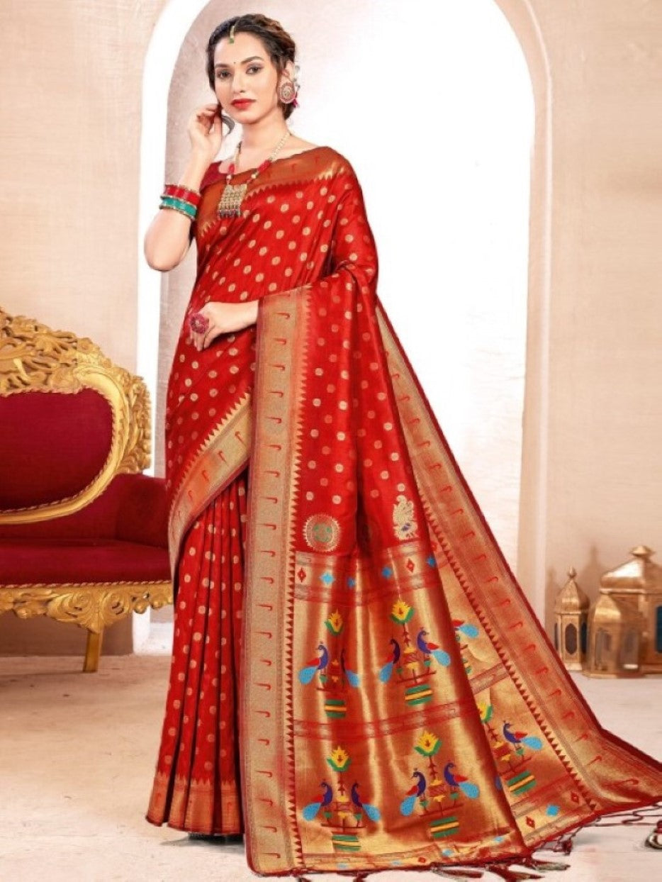 Anaita Red Banarasi Saree With Blouse Piece | Grocsy