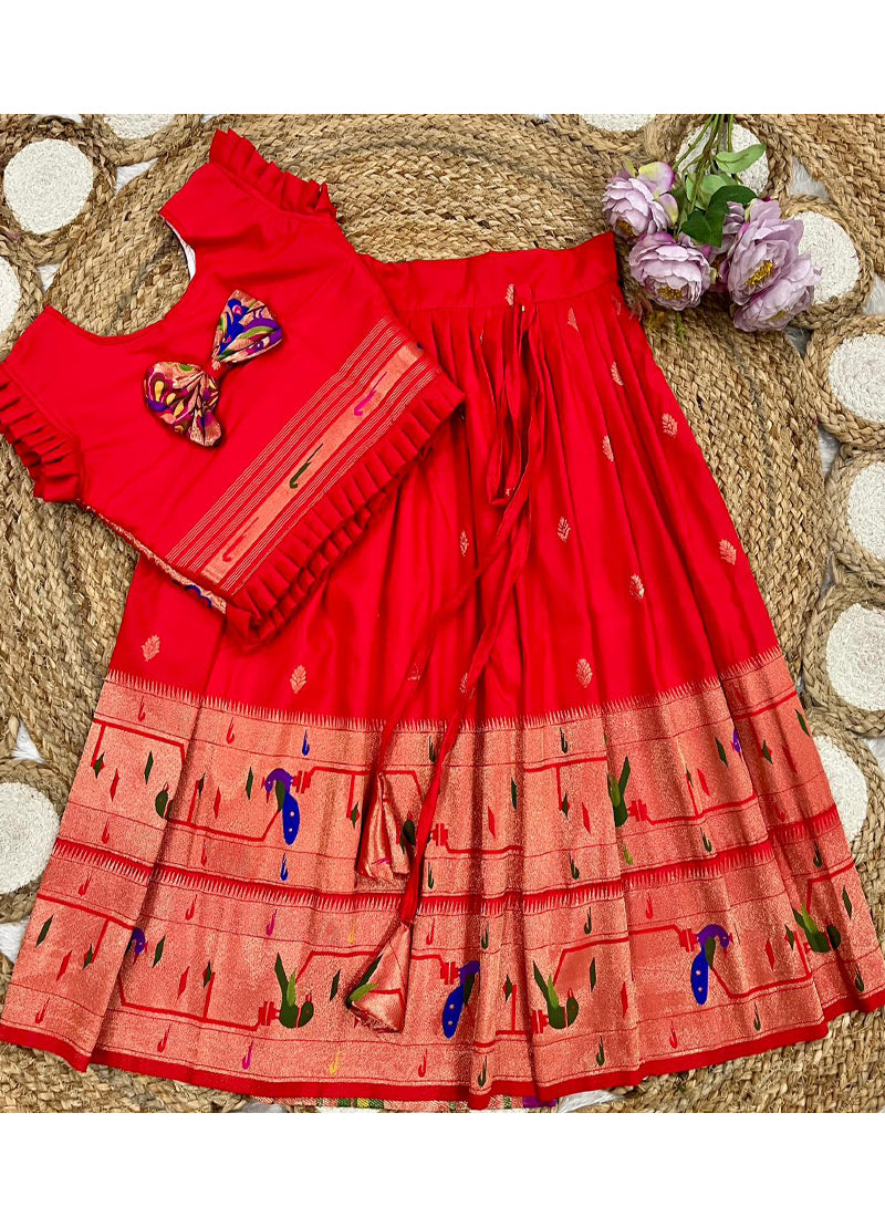 Evanik Designer Red Soft Silk Paithani Design Lehenga Choli For Girls-Party & Ethnic Wear | Grocsy