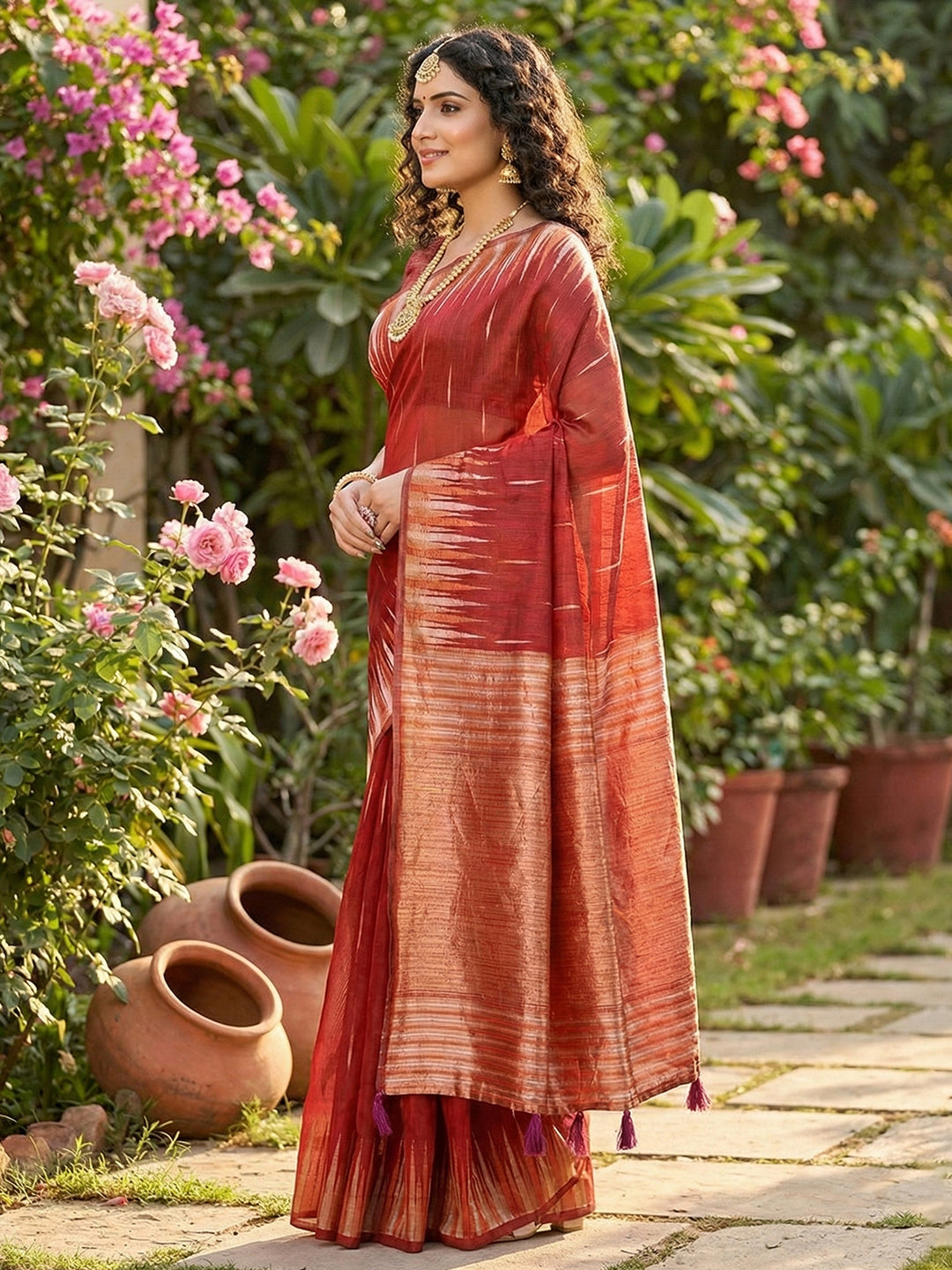 Anaita Red Linen Woven Work Saree With Blouse | Grocsy
