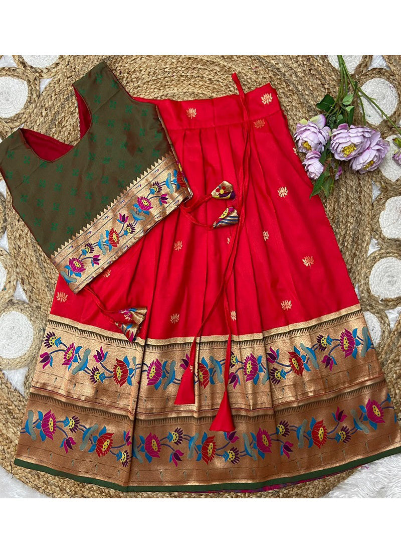 Evanik Red Kids Paithani Silk Lotus Pattern Lehenga Choli | Grocsy