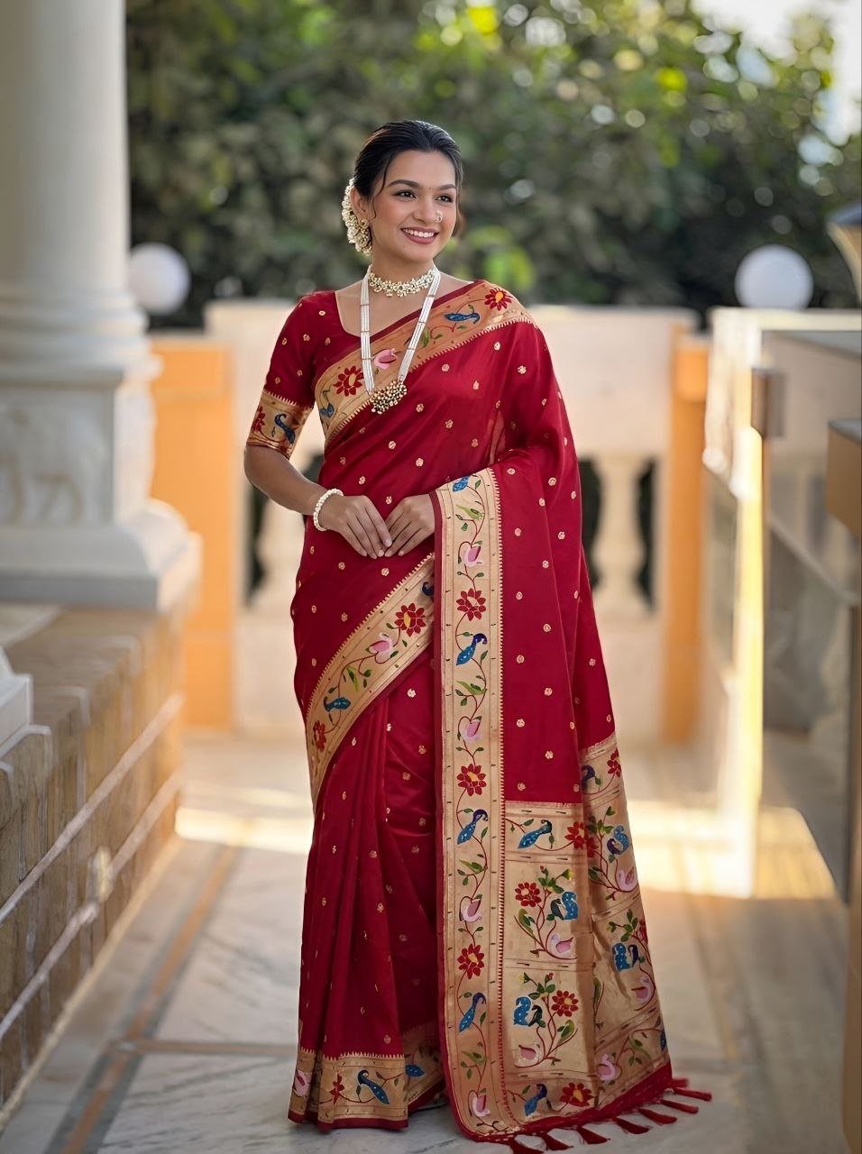 Mameraa Sarees Red Faux Banarasi Silk Saree With Paithani Rich Weaved Pallu And Blouse-Red | Grocsy
