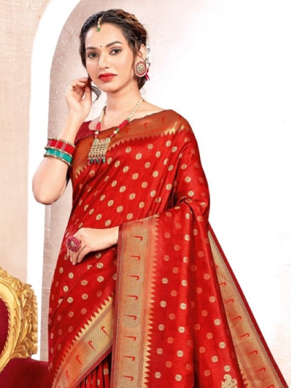 Anaita Red Banarasi Saree With Blouse Piece | Grocsy