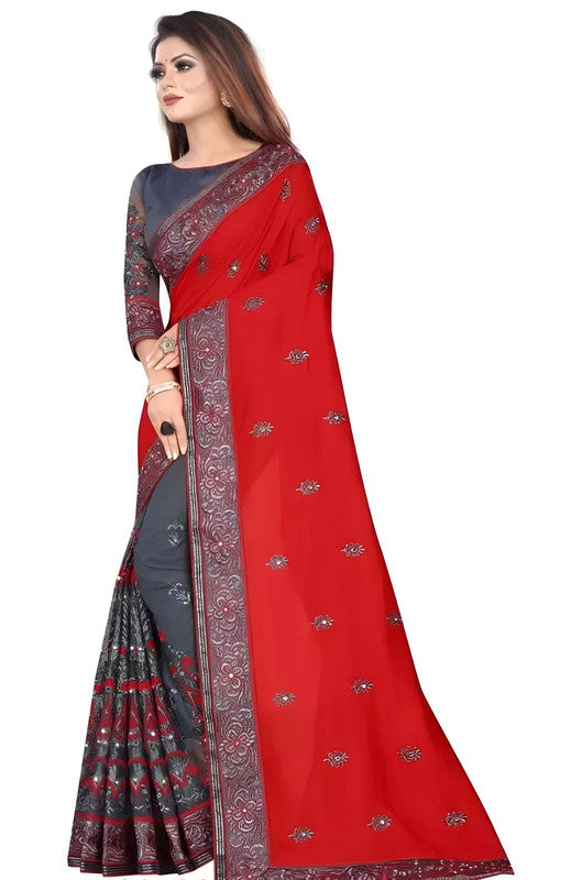 Dishitha Creation Indian Women's Designer Embroidered Art Silk Saree - Red | Grocsy