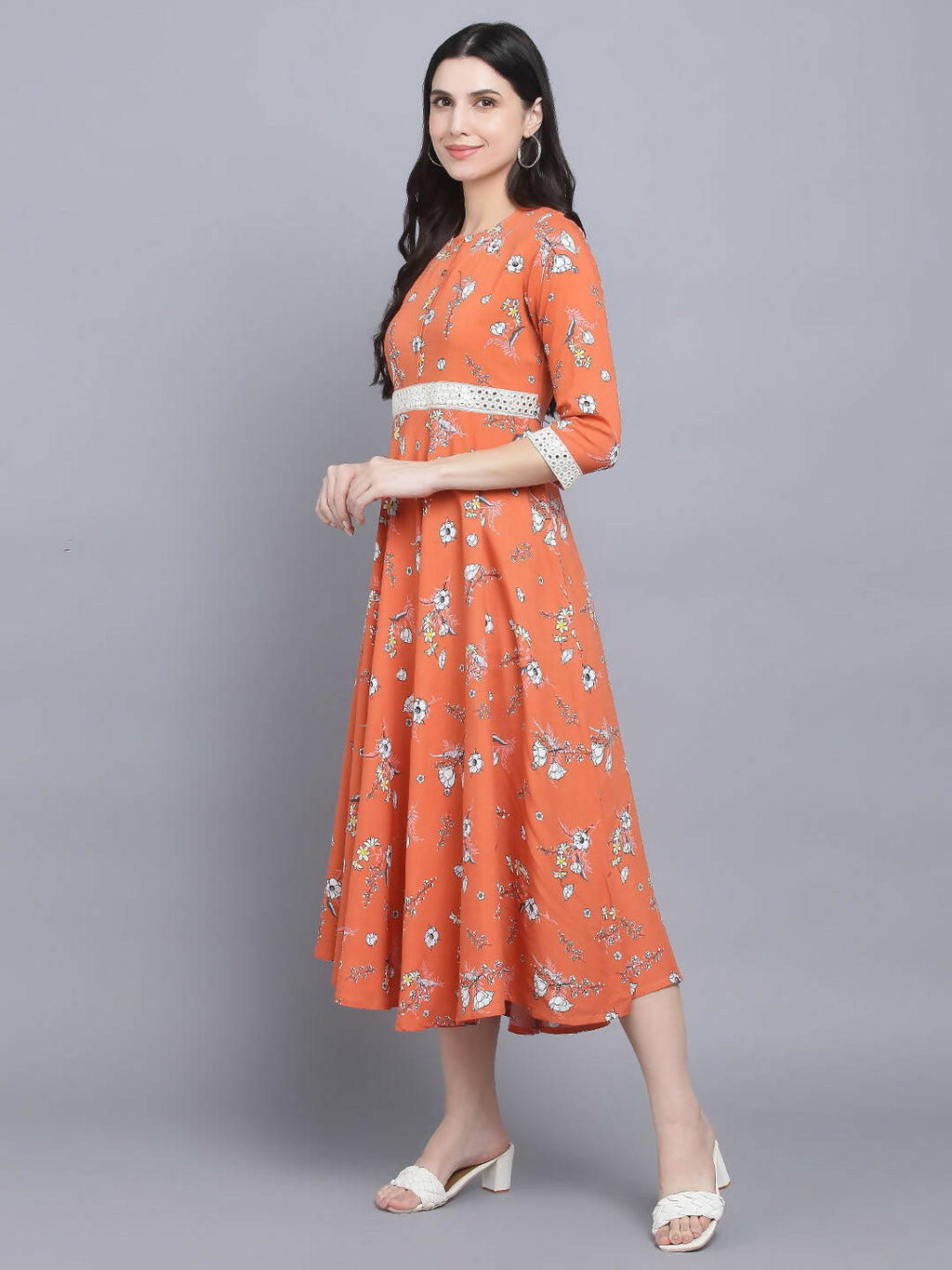 Myshka Women's Orange Floral Midi Dress | Grocsy