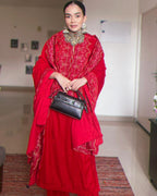 trueBrowns Red Velvet Embroidered Slit Kurta | Grocsy