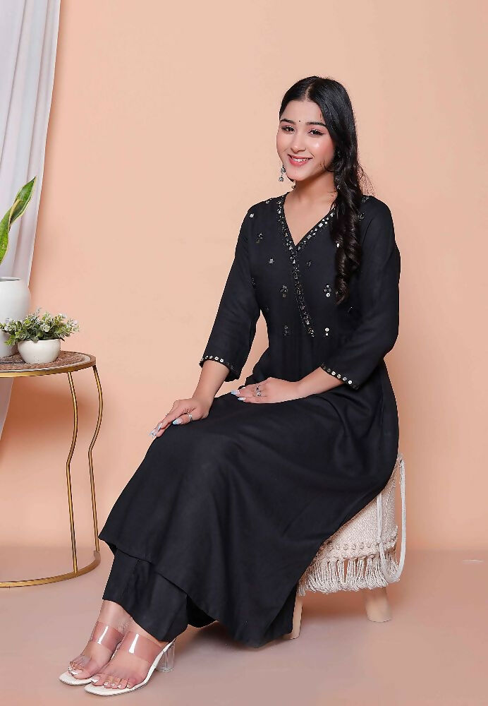 Miravan Womens Black Mirror Work Angrakha Kurta And Palazzo Set | Grocsy