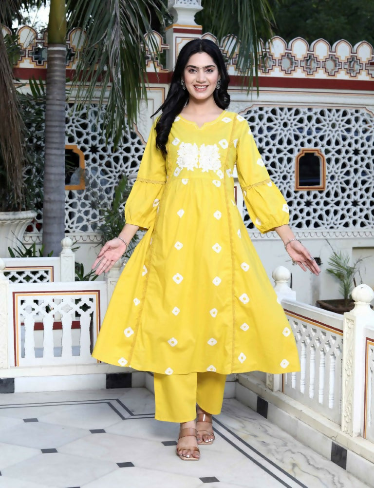 Miravan Women's Cotton Embroidered & Lace Embellished Yellow Bandhani Printed Kurta Palazzo Set | Grocsy