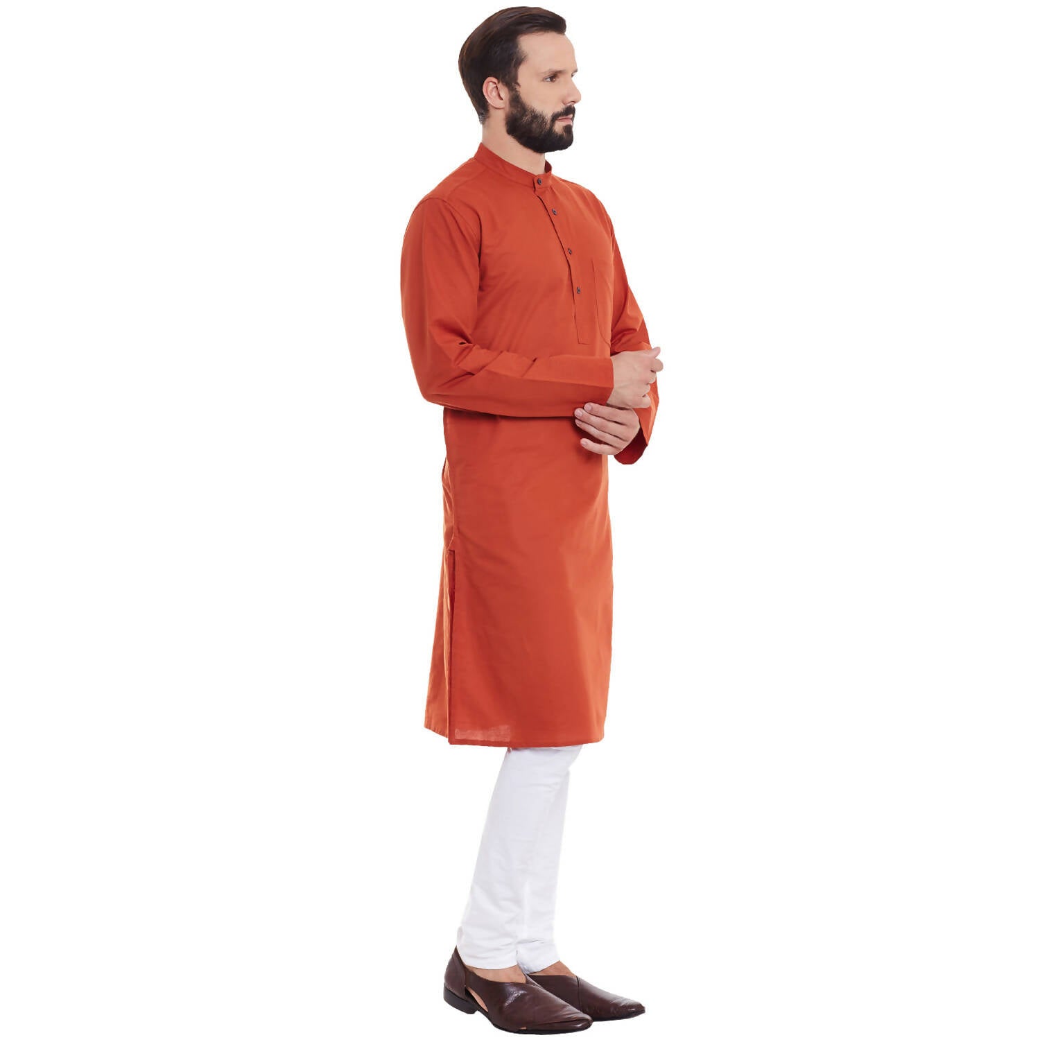 Even Apparels Orange Pure Cotton Men's Kurta With Band Collar | Grocsy
