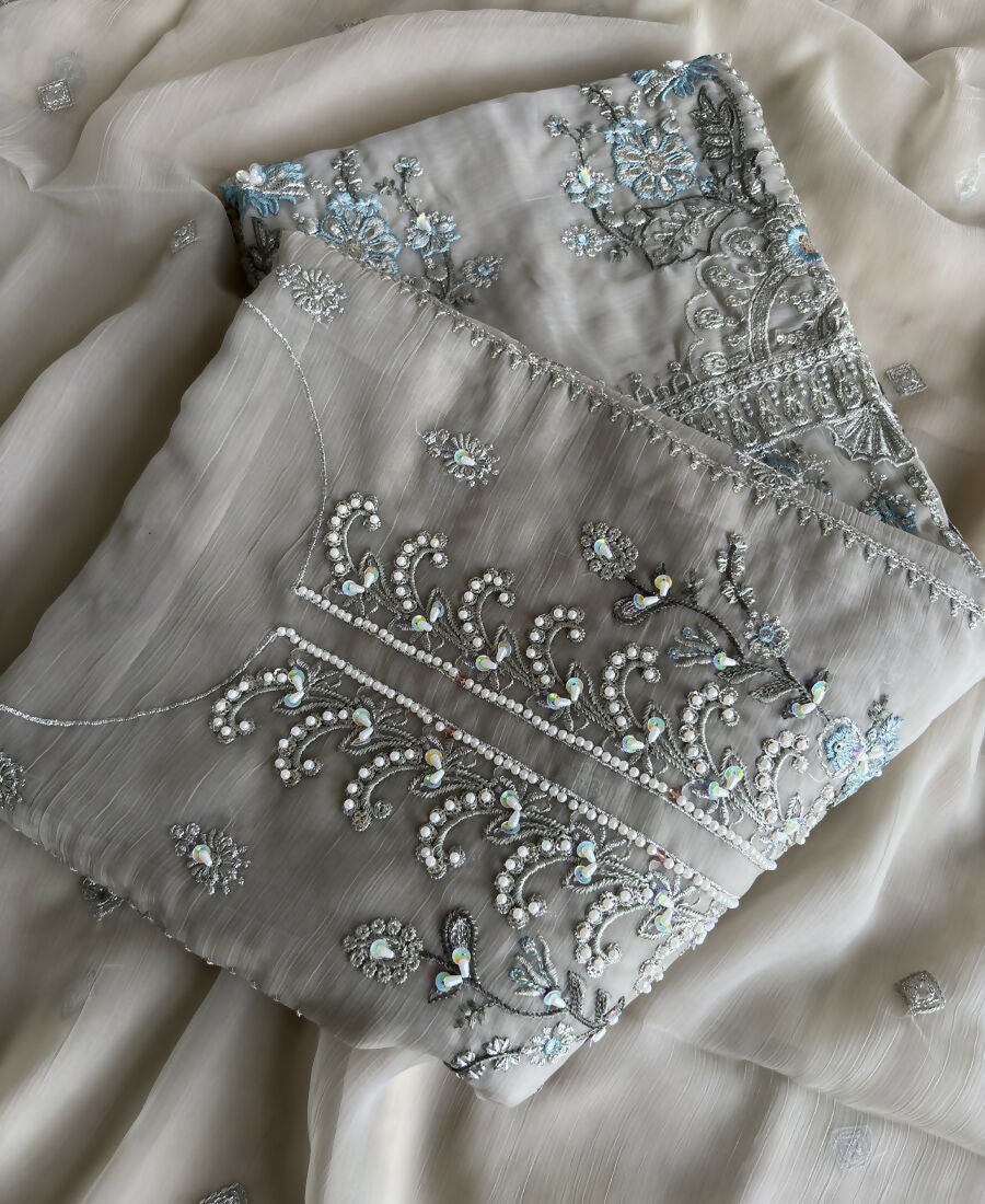 KC Heavy Chiffon Silk Green Hand Embroidered Straight Suit For Women Wedding | Grocsy
