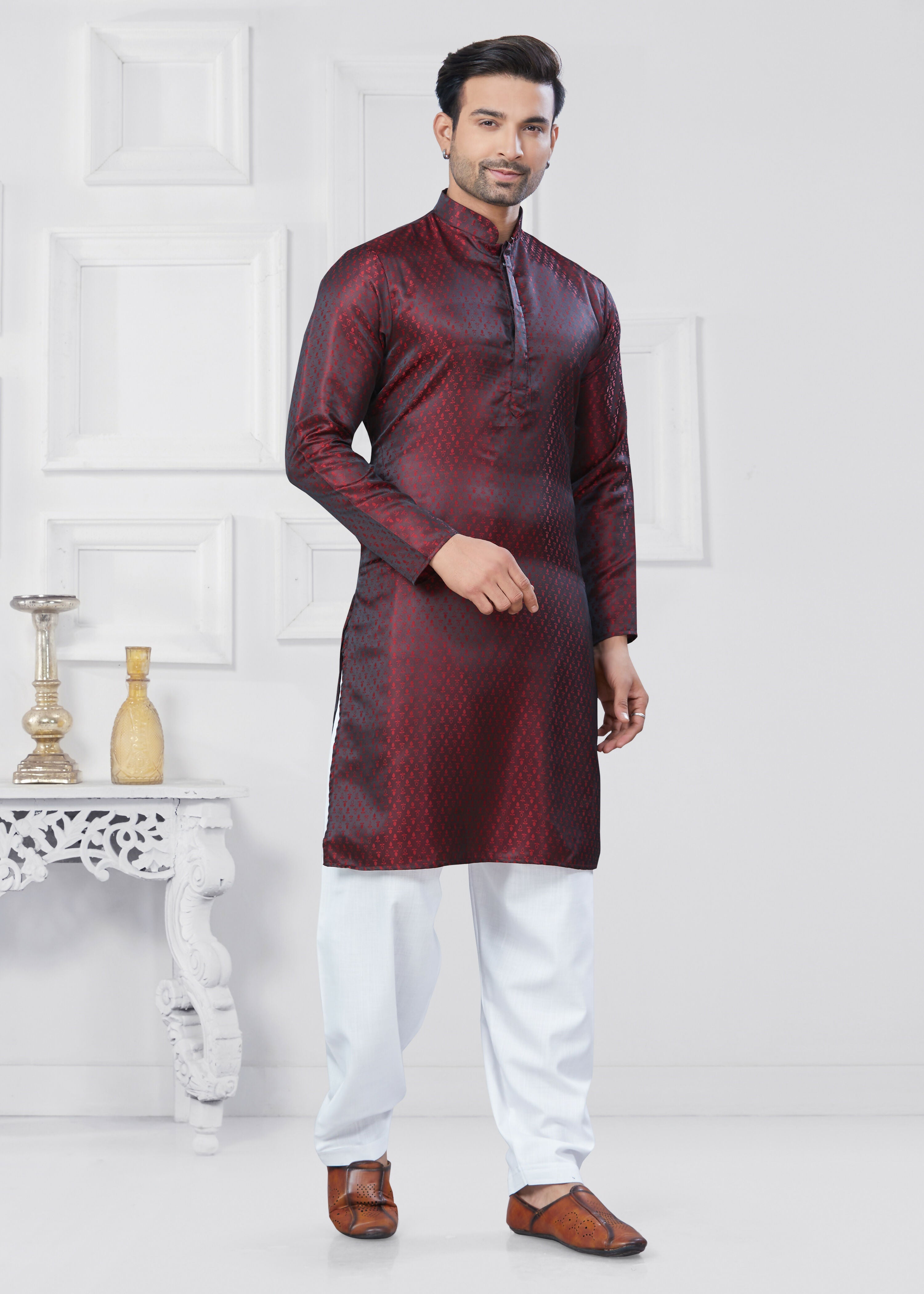 Joban Fashion Men's Jacquard Silk Marron Printed Kurta Pyjama set | Grocsy
