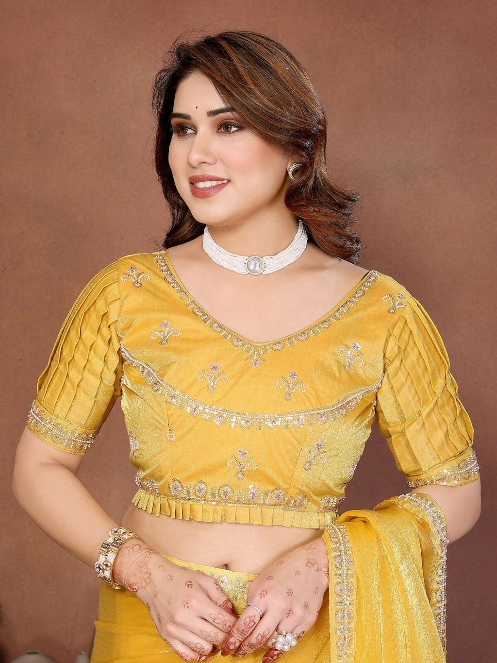 Teeya Creation Trendy Stylish Party Wear Fendy Chiffon Saree-Yellow | Grocsy