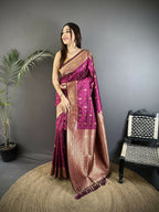 Joban Fashion Magenta Zari Weaving Motif Lichi Silk Banarasi Silk Saree | Grocsy